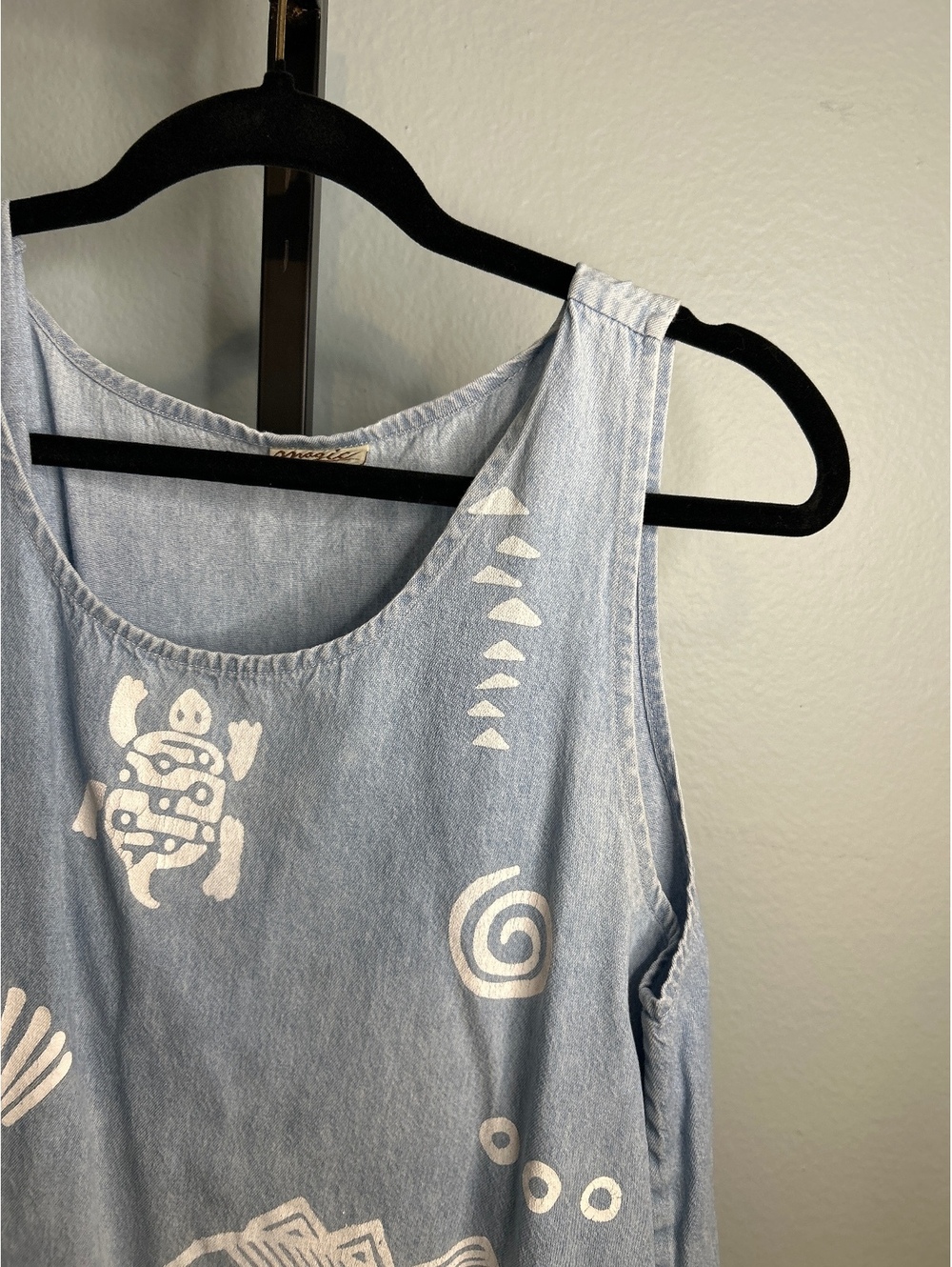 Magic Light Blue Denim Sleeveless Dress with White Tribal Prints - Size L